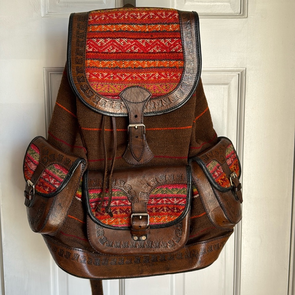 Bolivia handwoven aguayo textile leather backpack